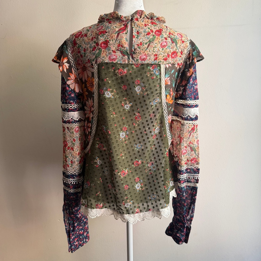 Farm Rio Mixed Floral Patchwork Lace Trim Babydoll Blouse S - Picture 4 of 9
